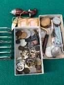 A HALLMARKED SILVER TOAST RACK, VARIOUS COMMEMORATIVE CROWNS AND OTHER COINS, COLLECTABLES ETC.