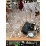 CUT GLASS DECNATERS VASES, BOWLS, ETC. TOGETHER WITH SOME ELECTROPLATE AND A SMALL SILVER BOWL