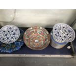 A CANTON BOWL, PORTUGUESE SOUP PLATES, A PAIR OF COMPORTS AND A MAJOLICA DISH