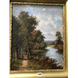 LATE 19th CENTURY ENGLISH SCHOOL A RURAL RIVER SCENE, SIGNED INDISTINCTLY, OIL ON CANVAS. 52 x