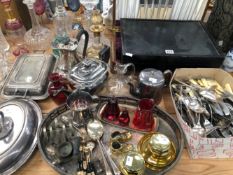 ELECTROPLATE CUTLERY AND TEA WARES, GLASS DECANTERS, A PLATE MOUNTED CLARET JUG, VEGETABLE