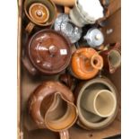 TREEN BOWLS, EGG CUPS AND VASES, STONE WARE JUGS AND BOWLS TOGETHER WITH KITCHEN SCALES AND