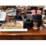 A TOP HAT, A BOWLER HAT, AN ARTISTS MANNEQUIN, A ROLL OF 1970S WALL PAPER, A CARVED WOOD SHELL,