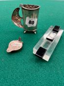A SILVER SPILL HOLDER, VARIOUS DECANTER LABELS ETC.