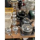 DECANTERS, DRINKING GLASS, ELECTROPLATE GOBLETS AND TEA WARES
