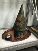 A MABEL LUCIE ATTWELL FAIRY TREE TIN PLATE MONEY BOX, A COPPER TRAY AND A COPPER CYLINDRICAL BOX