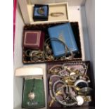 FIVE BOXES OF VARIOUS COSTUME JEWELLERY TO INCLUDE MODERN AND COSTUME EXAMPLES.