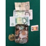 A SMALL TIN OF VINTAGE GB COINS TOGETHER WITH A Â£5 AND Â£1 BANK NOTE