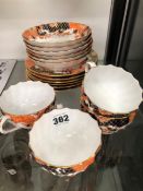 CROWN DERBY 2357 PATTERN IMARI PALETTE TEA CUPS. SAUCERS AND TEA PLATES