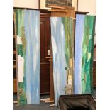 FIVE OIL PAINTED PLYWOOD PANELS OF MODEL RAILWAY SCENERY