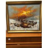 CONTEMPORARY CONTINENTAL SCHOOL A WINTER SCENE OF FISHING BOATS, SINGED INDISTINCTLY, OIL ON CANVAS.