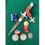 A GERMAN NAZI 1939 MEDAL, A KNIFE, COMMEMORATIVE MEDALS, A STAMP BOX AND A SILVER FOB.