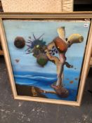 A DALI STYLE THREE DIMENSIONAL OIL ON CANVAS DEPICTING A LADY ON A SHORE BENEATH A TREE LIKE
