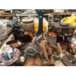 WOODEN AND OTHER FIGURES, LETTER SCALES, BINOCULARS, HAND BELLS, A SEWING MACHINE, A RUMTOPF JAR.