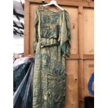 A VINTAGE HAND MADE GREEN/GOLD DRESS, SIZE 12-14, APPLIQUED WITH VELVET AND BEADED