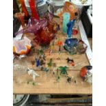 COLOURED GLASS TOGETHER WITH VENETIAN GLASS ANIMAL FIGURES