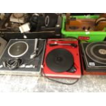 VARIOUS RECORD TURNTABLES, A RED TELEPHONE, TWO OTHERS, A ROBERTS RADIO, HEADPHONES, ETC,