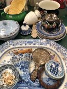 A DELFT BLUE AND WHITE WALL POCKET, TWO CHAMBER POTS. PLATES, A PLATTER, A TEA POT AND A SILVER HAND