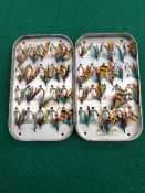 A FARLOW AND CO LONDON FISHING FLY TIN AND CONTENTS.