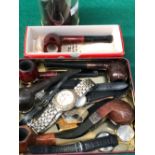 A COLLECTION OF VARIOUS WRIST WATCHES AND SMOKERS PIPES AND A VINTAGE MAX FACTOR PRINITIF SCENT