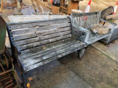 TWO TEAK GARDEN BENCHES, ONE WITH PAINTED CAST IRON SUPPORTS