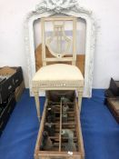 A WHITE PAINTED FRAME, A LYRE BACKED CHAIR AND A WOODEN BOX OF VINTAGE BOTTLES