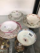 THREE TEA BOWLS AND SAUCERS OF NEW HALL TYPE TOGETHER WITH A LOWESTOFT REDGRAVE PATTERN TEA BOWL
