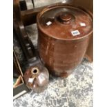 A STONE WARE BARREL AND COVER, VARIOUS VINTAGE BOTTLE TOGETHER WITH WOOD WORKING TOOLS