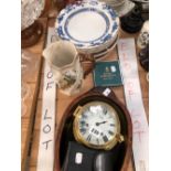 A BRASS CASED WALL CLOCK, DINNER PLATES, A JUG AND AN OLYMPUS CAMERA
