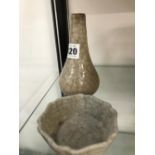 A CHINESE GREY CRACKLEWARE BOTTLE TOGETHER WITH A HEXAGONAL DISH