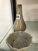 A CHINESE GREY CRACKLEWARE BOTTLE TOGETHER WITH A HEXAGONAL DISH