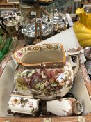 A DOULTON HOP PATTERN JUG AND BOWL SET, SAMPLE CUFFLINKS, A NAVAL CAP AND AN ARTISTS MANNEQUIN UNDER