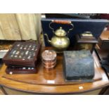 ZENITH 11 AND EM CAMERAS, 3 LENSES A CLOCK, A JUNIOR TIN PLATE TYEWRITER, A BRASS KETTLE,