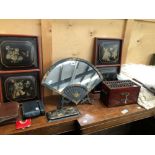 CHINESE LACQUER PANELS, A FAN SHAPED MIRROR, AN ABACUS TOPPED BOX, A GALVANOMETER AND A GENTS