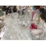 TWO CUT GLASS TABLE LAMPS, DRINKING GLASS, DECANTERS, VASES AND JUGS