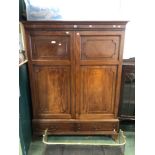 A 19th C. MAHOGANY GEORGIAN STYLE TWO DOOR HALL CUPBOARD WITH BASE DRAWER. H 184 W 140cms