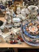 STAFFORDSHIRE FIGURES, PLATTERS, IMARI AND FRANKFURT DISHES, VASES ETC