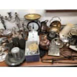 ELECTROPLATE, PEWTER, COPPER, KITCHEN SCALES TOGETHER WITH A WEDGWOOD CHARLES AND DIANA WEDDING MUG