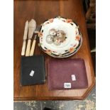 CASED TEA KNIVES, ELECTROPLATE COFFEE SPOONS, FISH SERVERS, NAPKIN RINGS AND DINNER PLATES