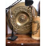 A LARGE CONTINENTAL DECORATED BRASS CIRCULAR TRAY. Dia 90cms