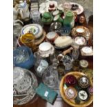 GLASS DECANTERS, A SILVER TOPPED AND OTHER GLASS JARS, CROWN DERBY AND OTHER TEA WARES, PAPER