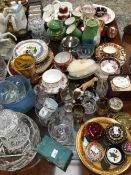 GLASS DECANTERS, A SILVER TOPPED AND OTHER GLASS JARS, CROWN DERBY AND OTHER TEA WARES, PAPER