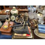 DECANTERS, A DRESSING TABLE MIRROR, A TELEPHONE, CASH BOX AND MISCELLANEOUS CERAMICS