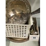 AN ANTIQUE SILVER BACKED MIRROR, SILVER TEA SPOONS AND SUGAR NIPS, PLATED WARES ETC.