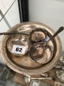 AN EASTERN SILVER DISH, A SIFTER SPOON ETC.