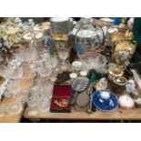 DRINKING GLASS, A PAIR OF NORITAKE VASES AND COVERS, AN ISHIHARA ART GLASS PLATE, A CLOCK,