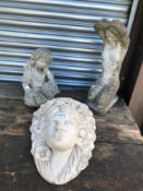 TWO SMALL COMPOSITE GARDEN FIGURES AND WALL PLANTER (3)