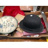 CHINESE AND OTHER FANS, A PARASOL, A BOWLER HAT TOGETHER WITH SEWING GEAR