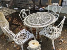 A PAINTED CAST ALLOY PATIO TABLE AND FOUR CHAIRS