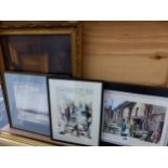 A SMALL GROUP OF DECORATIVE FURNISHING PICTURES INCLUDING A GILT FRAMED PICTURE AFTER THE OLD